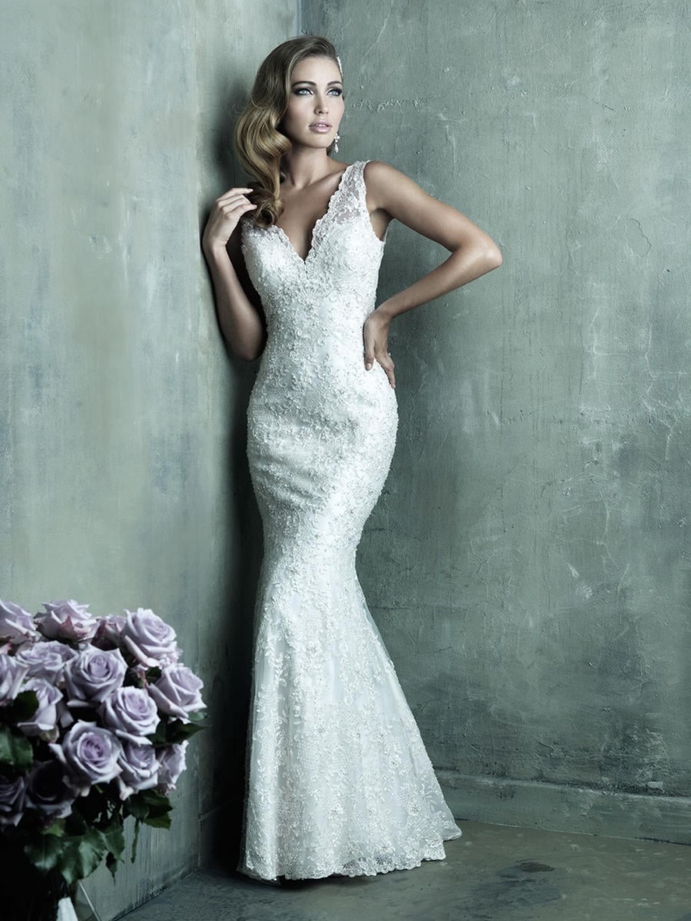 Allure Bridals C291 White Lace Beaded Mermaid Wedding Dress